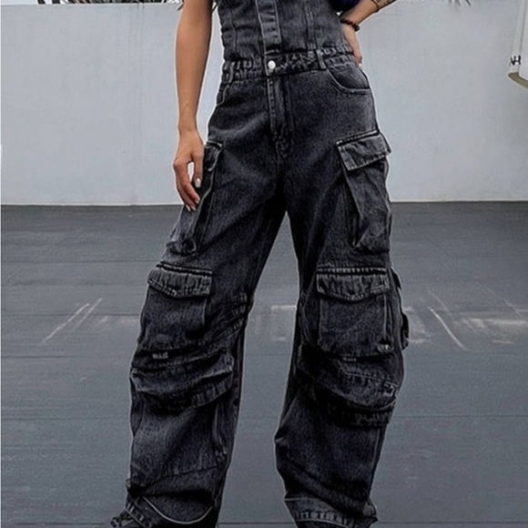 Denim cargo jumpsuit: Black gray - Picture 1 of 3